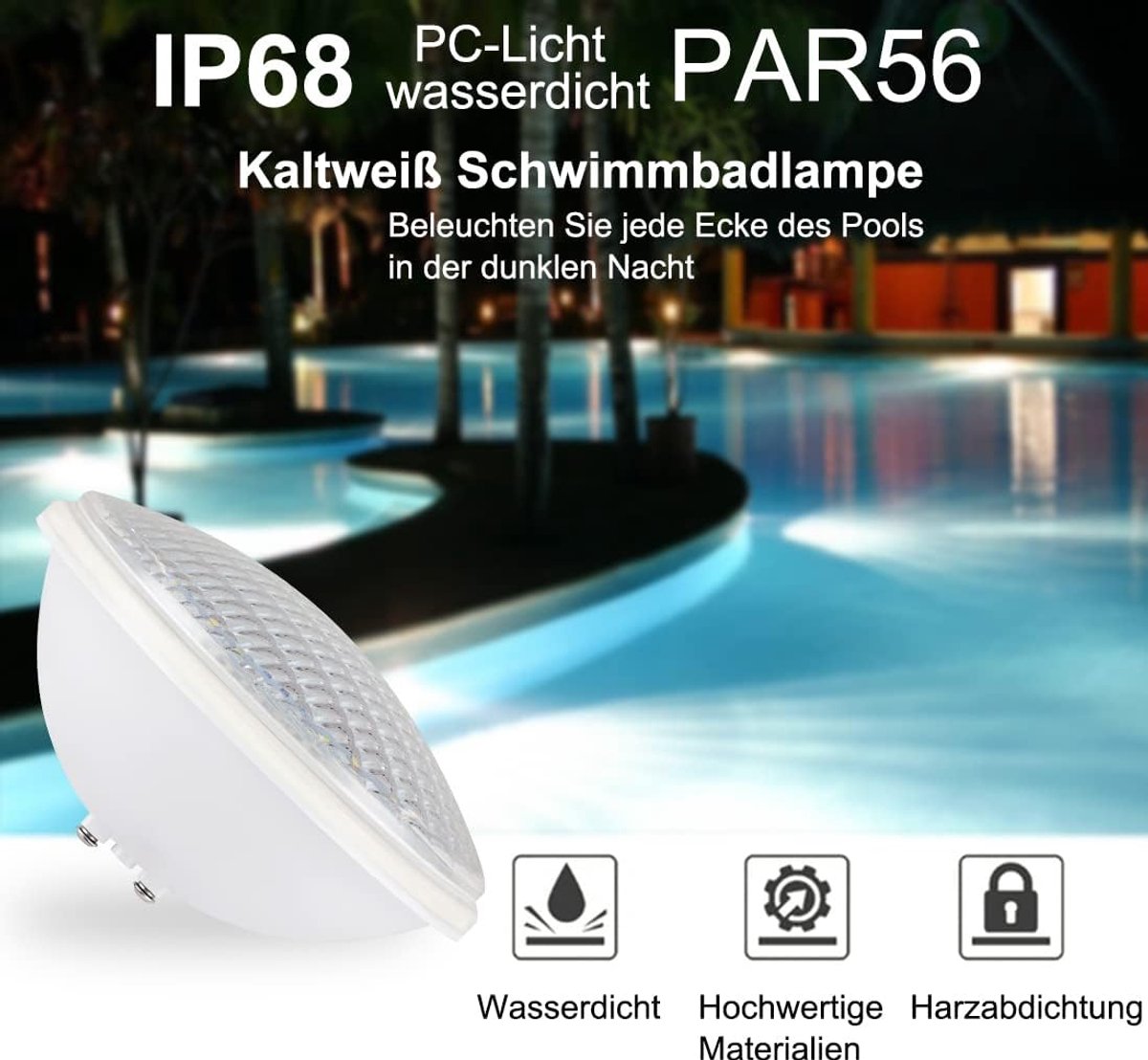 PAR56 zwembadverlichting, IP68 waterdichte zwembadlamp, 40 W koudwitte onderwaterverlichting, 12 V AC/DC zwembadschijnwerper voor landschap, tuin, fontein