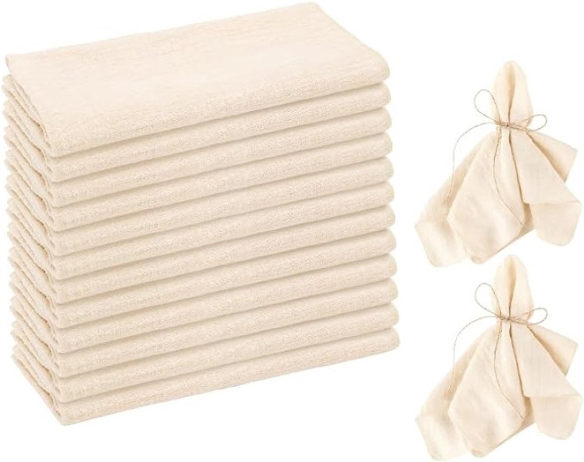 Livatto 12 stoffen servetten 42 x 42 cm, 100% katoen beige met franjes, herbruikbaar, inclusief 10 m touw