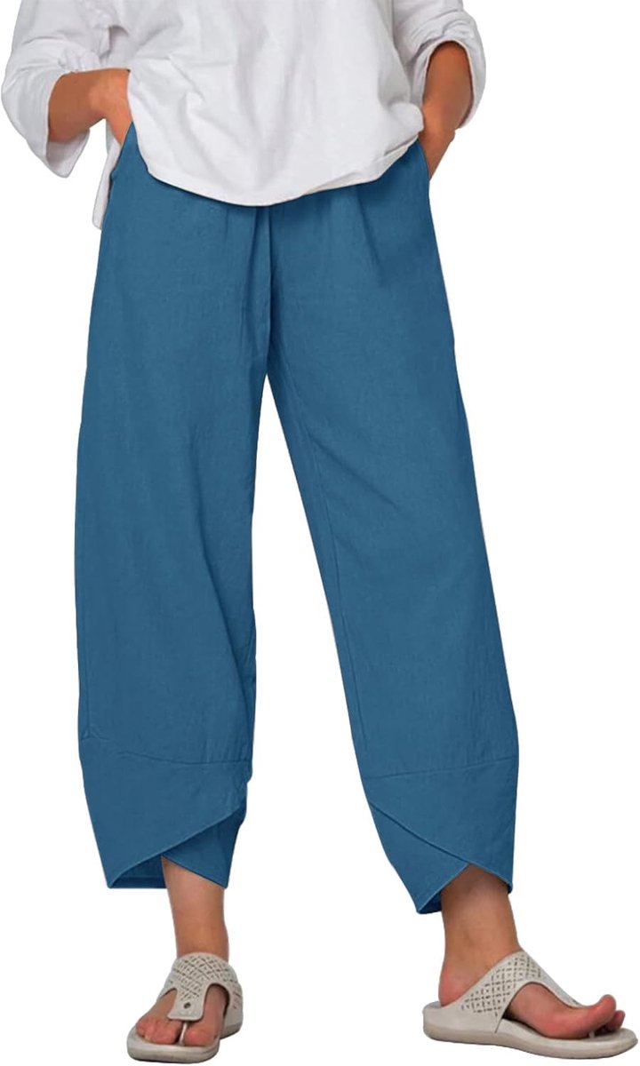 heekpek Damesbroek, casual, wijde pijpen, capribroek, katoenen broek, zomer, elastische tailleband met zakken, lichtgewicht cropped broek