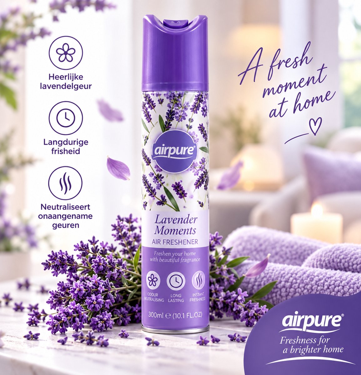 Airpure Lavender Moments Luchtverfrisser 300 ml – Lavendel Geur – Roomspray voor Woonkamer, Slaapkamer, Badkamer & Toilet – 1 Stuk