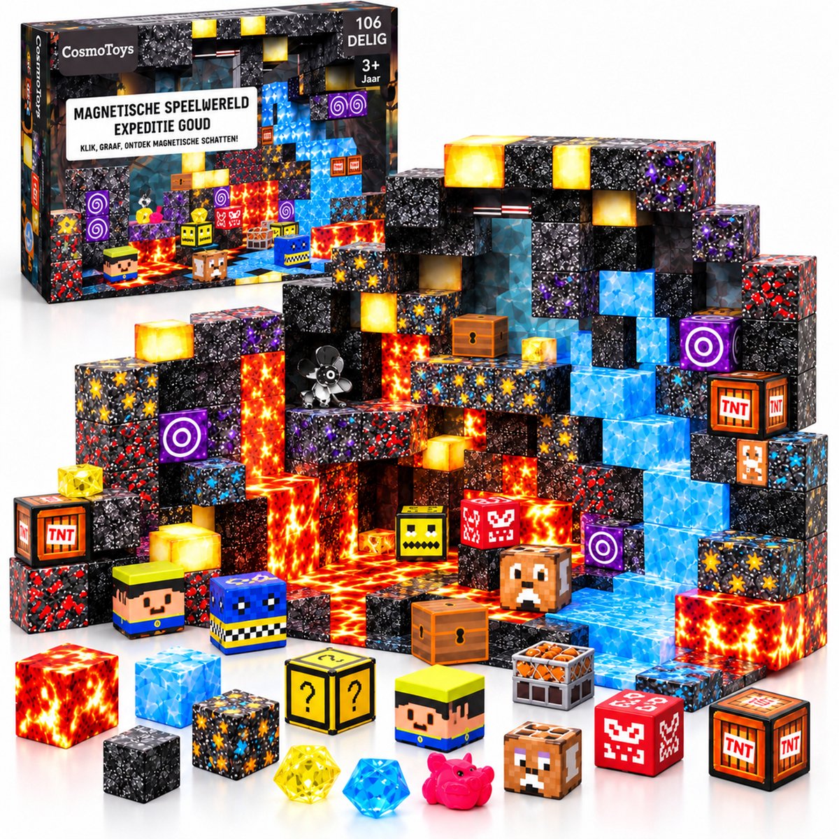 CosmoToys Magnetic Tiles - 106 Stuks - Magnetische Blokken en Magnetisch Speelgoed - Magneten, Tegels en Bouwstenen - Schat