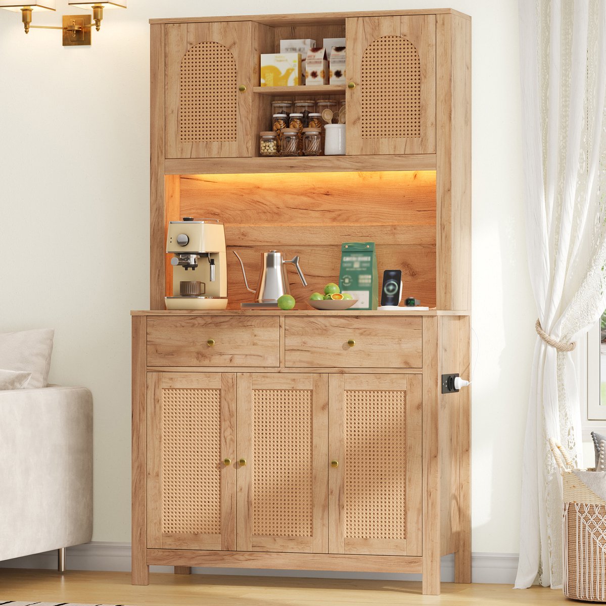 FloraGrace Keukenkast - Hoge Opbergkast Met Ledverlichting En Stopcontact - Keuken, Eetkamer En Woonkamer - MDF - 100 x 40 x 180 cm - Naturel