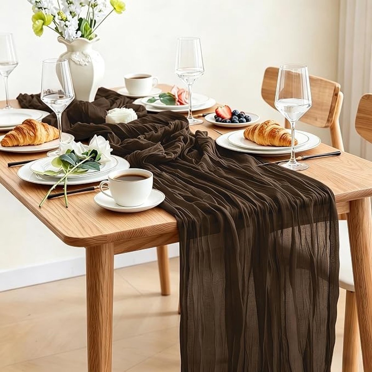 Livatto Kaasdoek Tafelloper Bruin 300 x 90 cm - Boho Gaas Tafelloper voor Bruiloften en Feesten