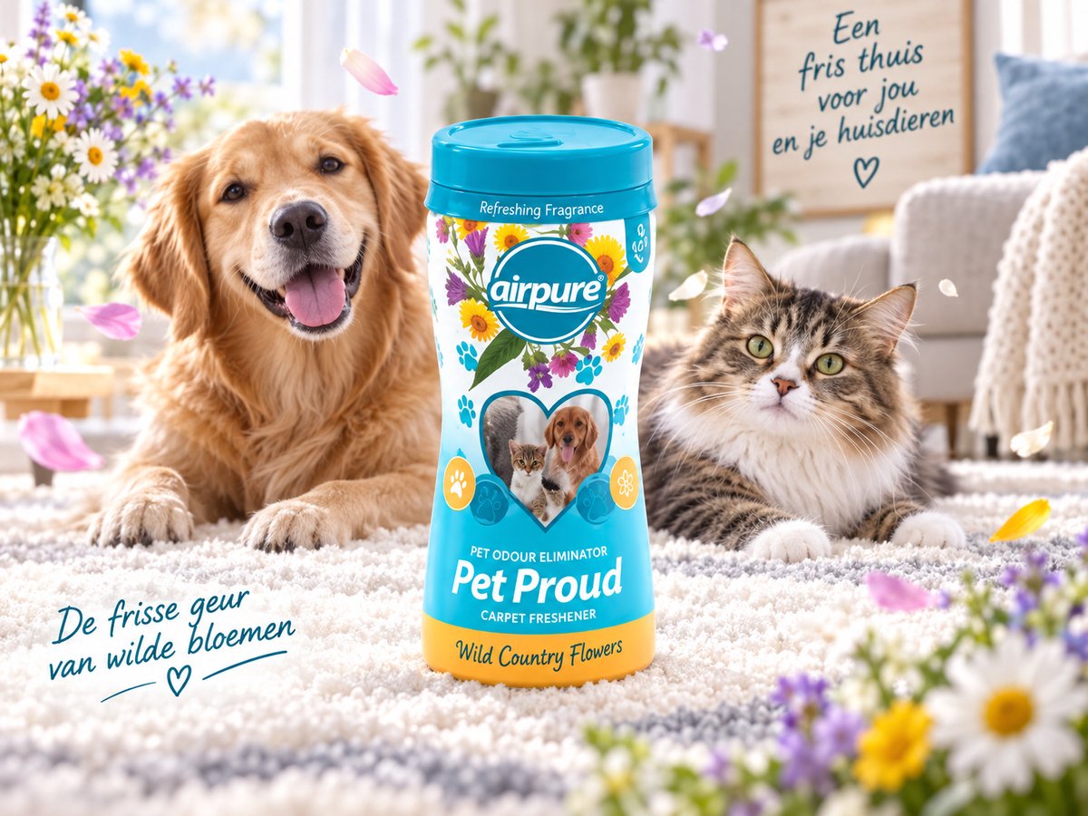 Airpure Pet Proud Carpet Freshener 500g – Tapijtverfrisser tegen Huisdiergeuren – Wild Country Flowers – Voor Tapijt & Vloerkleden