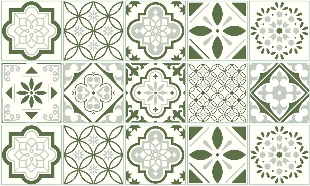 Decoratie Sticker Tegels - Mandala Groen Wit - 15x15 cm - 15 stuks Zelfklevende Plakfolie Tegelstickers - Achterwand voor de Muur Badkamer - Keukenwand Keuken - Plaktegels Zelfklevend