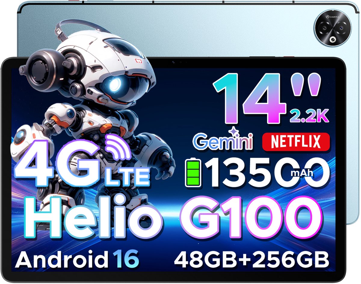 DOOGEE Tab E3 Max - Tablet - 48GB ROM+256GB ROM（2TB TF）- Android 16 - 14 inth IPS - 4G LTE - Gemini AI - Helio G100 - 13500mAh/18W - Quad Speakers - Face ID - 5G Wi-Fi - A GPS - GPS - Blauw
