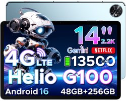 DOOGEE Tab E3 Max - Tablet - 48GB ROM+256GB ROM（2TB TF）- Android 16 - 14 inth IPS - 4G LTE - Gemini AI - Helio G100 - 13500mAh/18W - Quad Speakers - Face ID - 5G Wi-Fi - A GPS - GPS - Blauw
