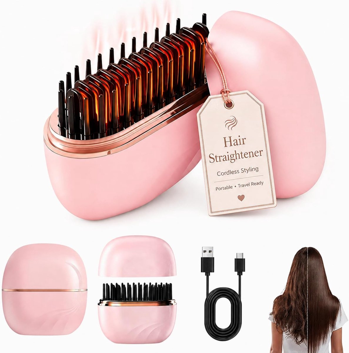 Draadloze stijltang - Mini Stijltang - Reisstijltang - Verwarmde kam - Draagbare stylingtools - Compact en lichtgewicht - USB-interface - Instelbare temperatuur - Cadeaus voor vriendinnen - Ideaal voor dagelijks gebruik en als reisaccessoire - Roze