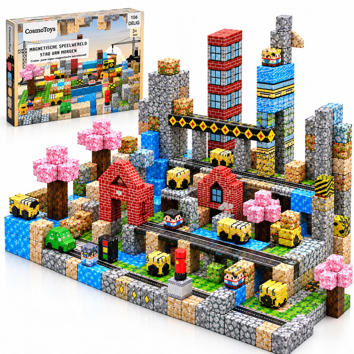 CosmoToys Magnetic Tiles - 106 Stuks - Magnetische Blokken en Magnetisch Speelgoed - Magneten, Tegels en Bouwstenen - Stad