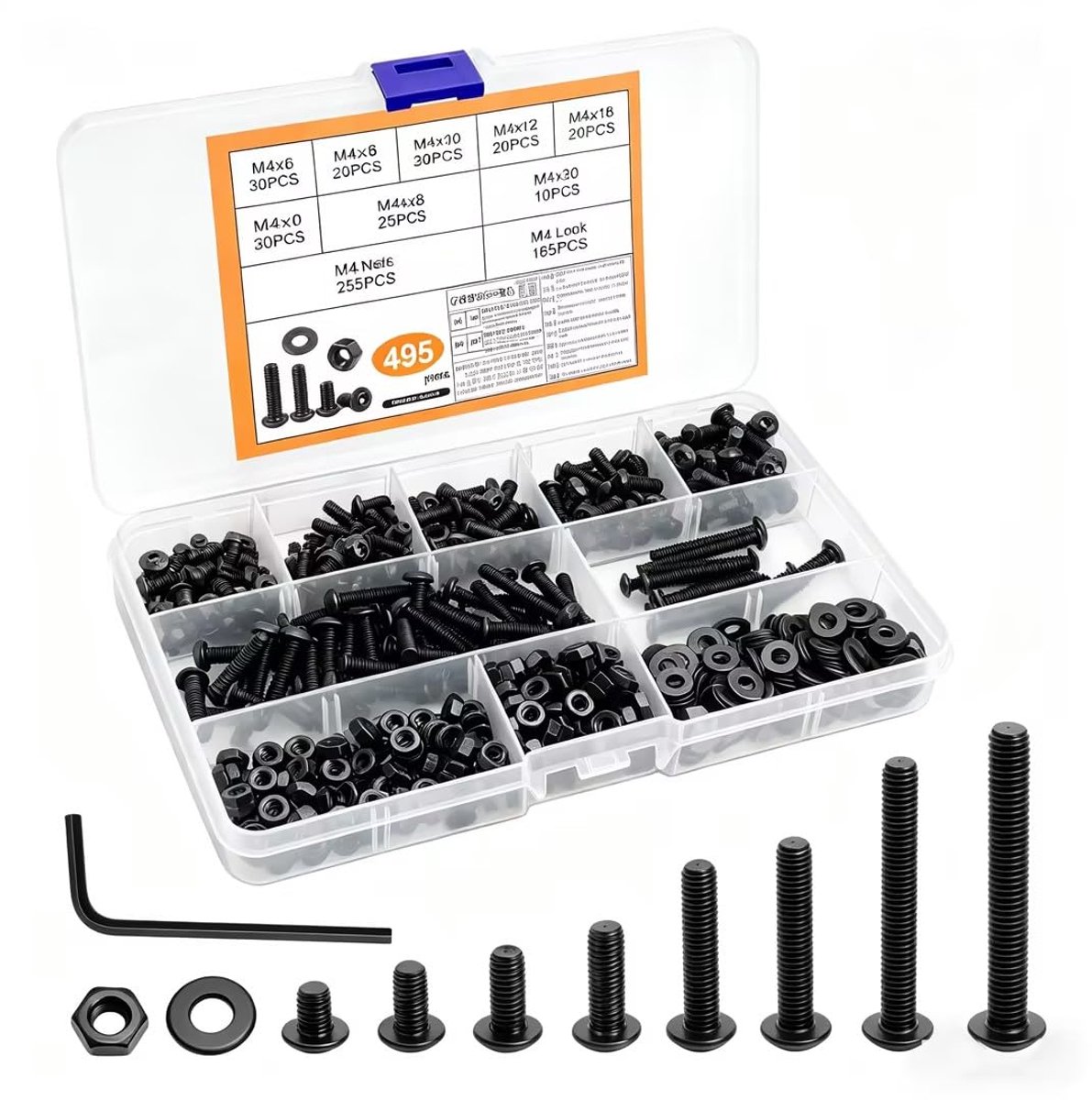 Schroevenset, 495-delig, met moeren en sluitringen, binnenzeskant, verzonken schroeven, assortiment met inbussleutel en opbergdoos voor meubelbouw, doe-het-zelvers