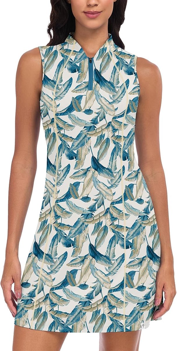 Jurken voor dames, zomer, vrijetijdsjurk, kort, mouwloos, tankjurk, tennisjurk met 1/4 ritssluiting en zakken, voor golf, dagelijks gebruik, casual