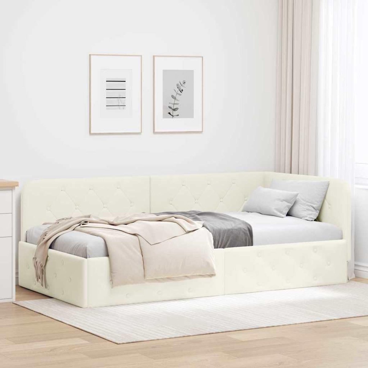 L vormig hoekbedframe Omkeerbare armleuning Crème 100 x 200 cm