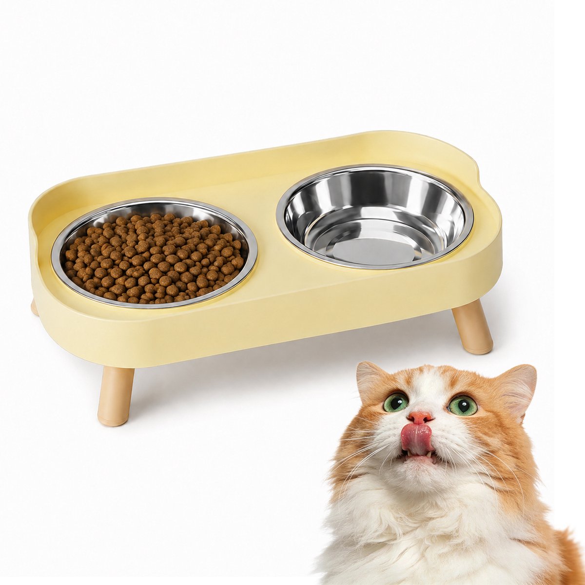 Voerbak - Verhoogde Voerbak voor Huisdieren – Dubbele Roestvrijstalen Voerbakken met Standaard – Spatbestendige – Verhoogde schalen – Voor voer en Water – Geschikt voor Katten – Honden – Kittens en Puppy'sa – Geel