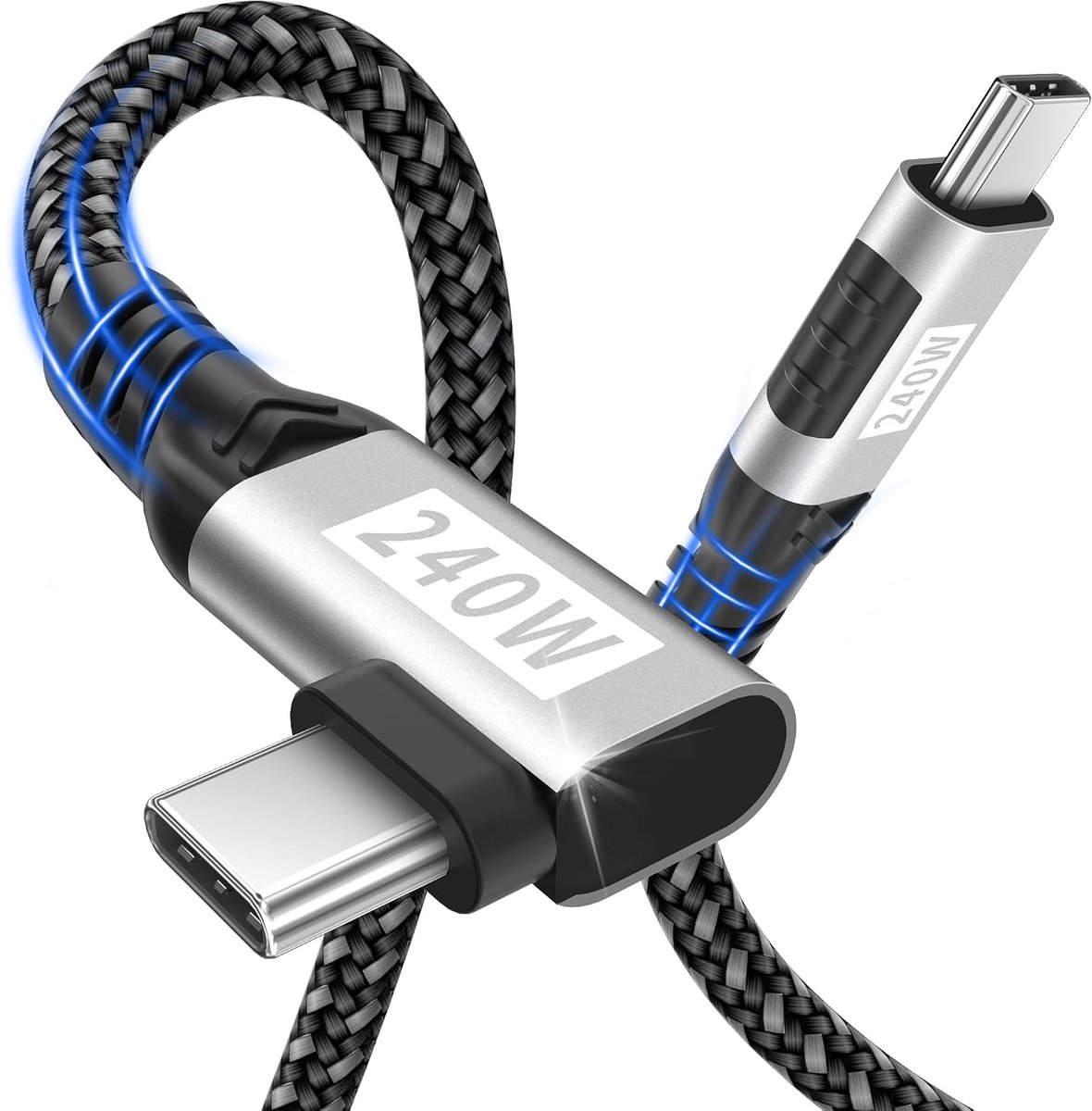 Image of 0,2 m korte USB-C naar USB-C-kabel,[240 W 48 V / 5 A],90 graden haakse nylon gevlochten PD3.1 snellaadkabel voor iPhone 16/15,Galaxy S24 S23,MacBook Pro/Air,iPad Pro/Air/Mini/Switch