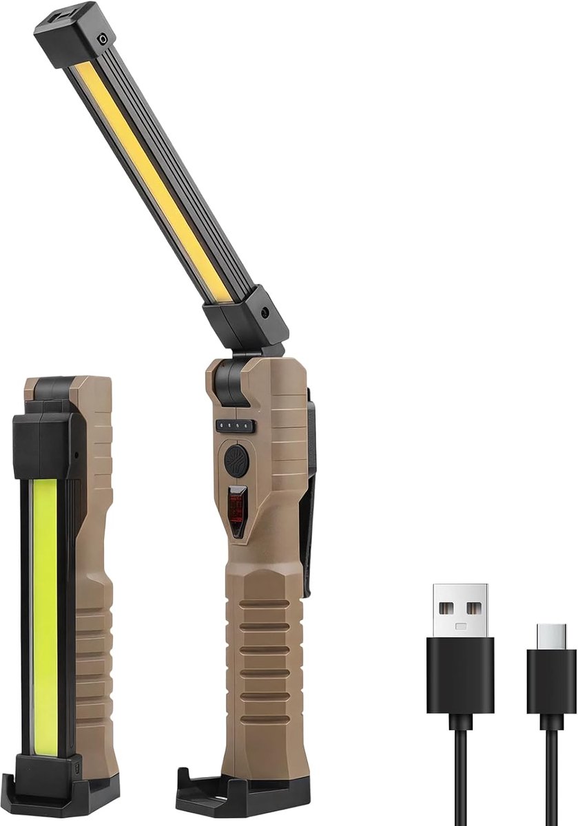 Werkplaatslamp, 180 graden inklapbare werklamp met magneet, haak en klem, 3-zijdig, 7 lichtmodi, voor werkplaats, auto, reparatie, camping, bruin, 1 stuks