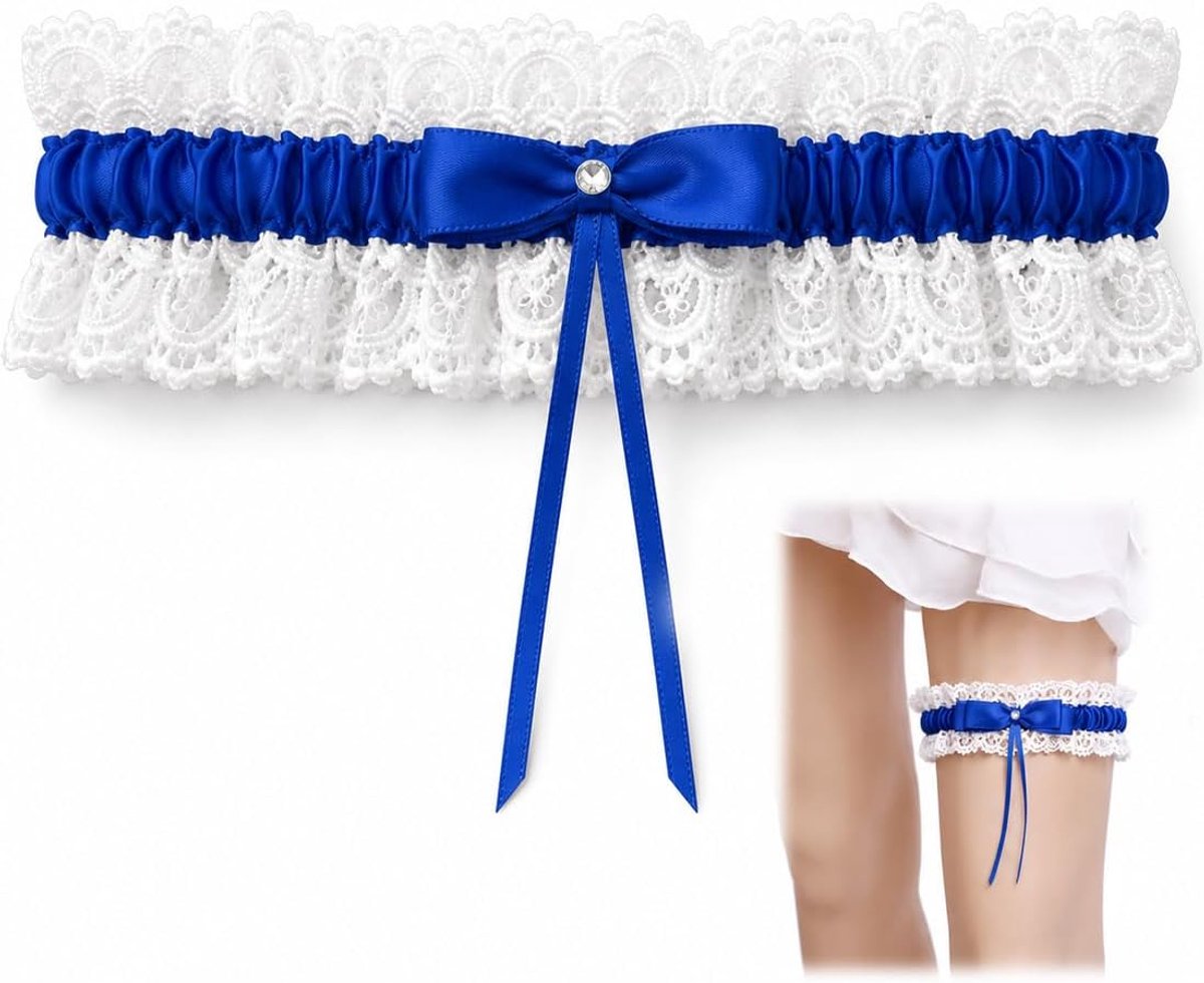 Blauwe bruidsjarretel, elastische kanten jarretel met strik, over-de-knie jarretel, elegant bruidsaccessoire