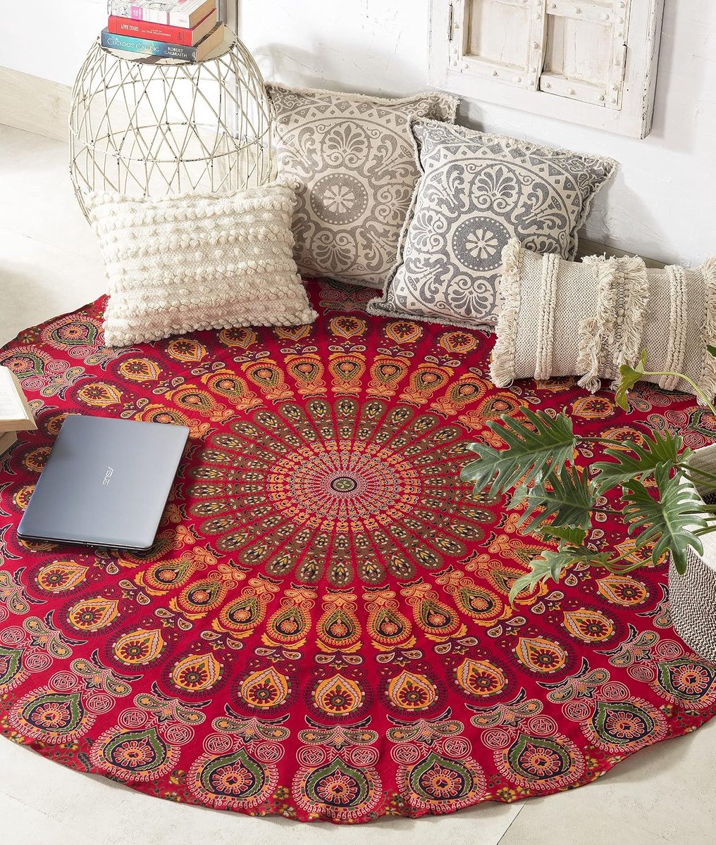 Handicrafts Rond wandtapijt, wandtapijt, ombré-mandala, bohemian, hippie, uitvoerig, Indiaas, 178 cm, rood