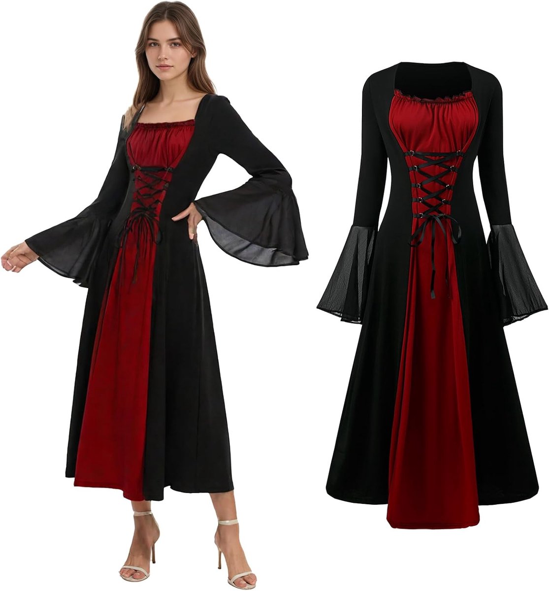 Renaissance-kostuum voor vrouwen, middeleeuwse jurk met trompetmouwen, vampierrobe kostuum, gothic jurk voor dames voor Halloween-feest