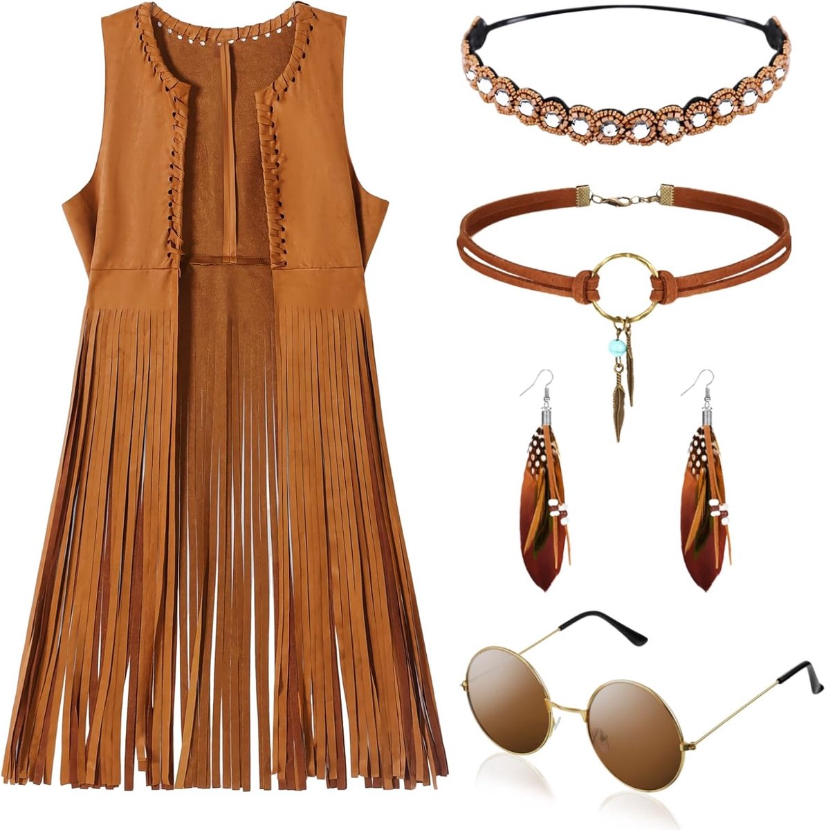 Hippiekleding voor dames, set met franjes, mouwloos vest, jaren 60 en 70 outfit, dames, bruin, franjes, vest, discooutfit, hippie, bolero, carnavalskostuums