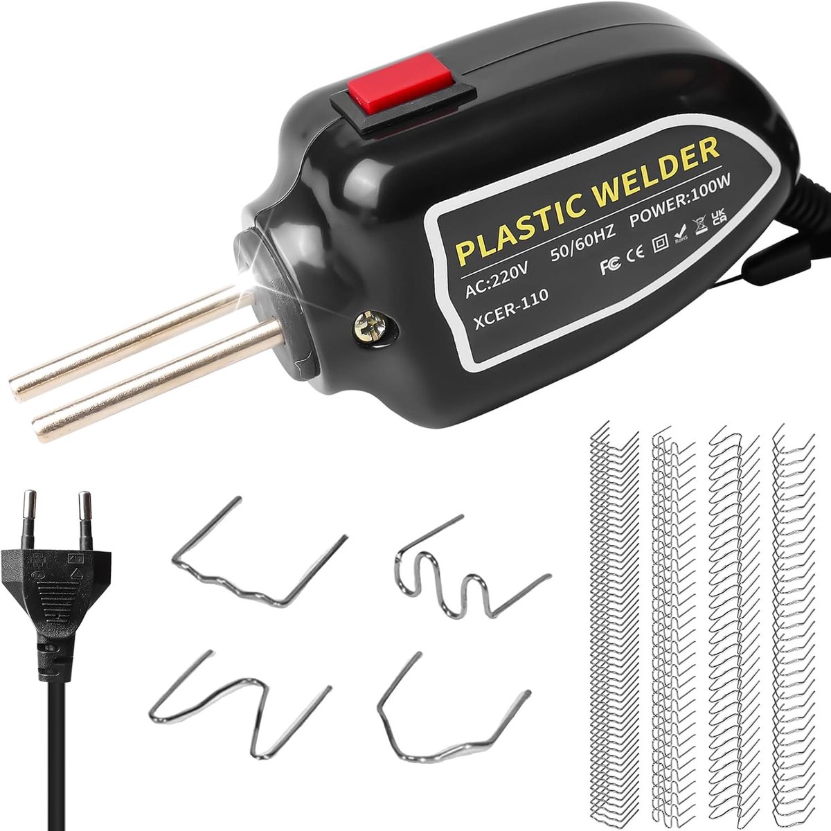 100 W kunststof lasapparaat, reparatieset voor bumpers, plastic lasapparaat met 200 stuks in 4 soorten laspijkers, bumperreparatie voor de auto, kunststof reparatieset, max. 500 °C