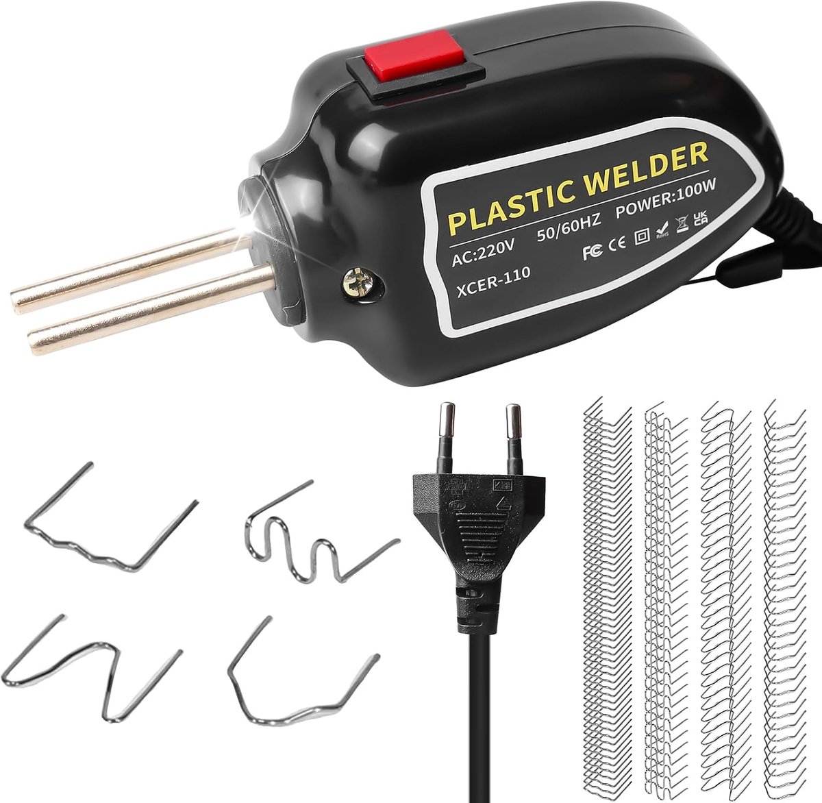 100 W kunststof lasapparaat met 200 lasnagels in 4 soorten, kunststof reparatieset, reparatie van autobumpers, max. 500 °C