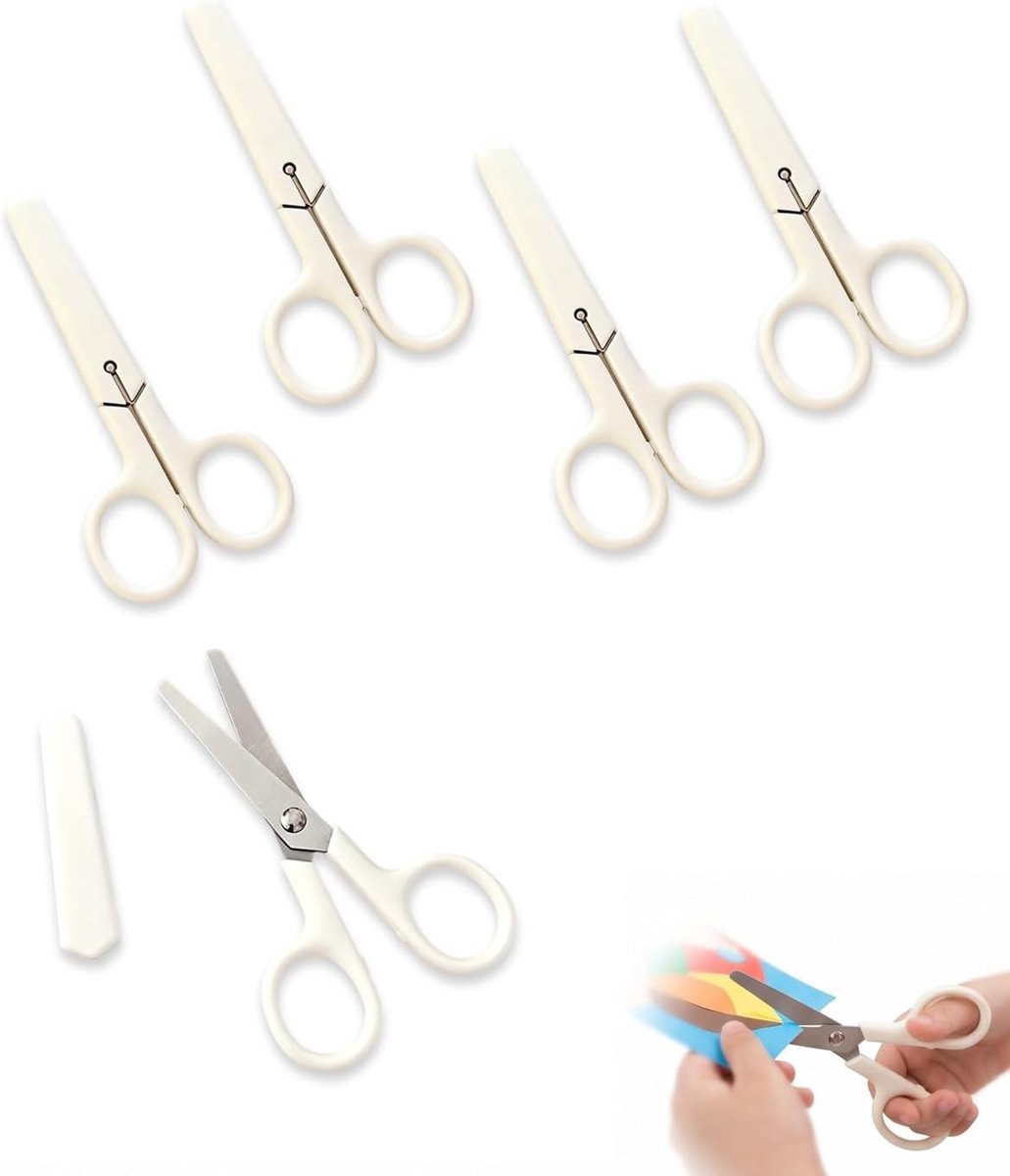 Jaar, 5 stuks knutselschaar kinderen, crèmewitte veiligheidsschaar voor peuters, beginnersschaar voor kleuterschool en kleuterschool, papier snijden leren