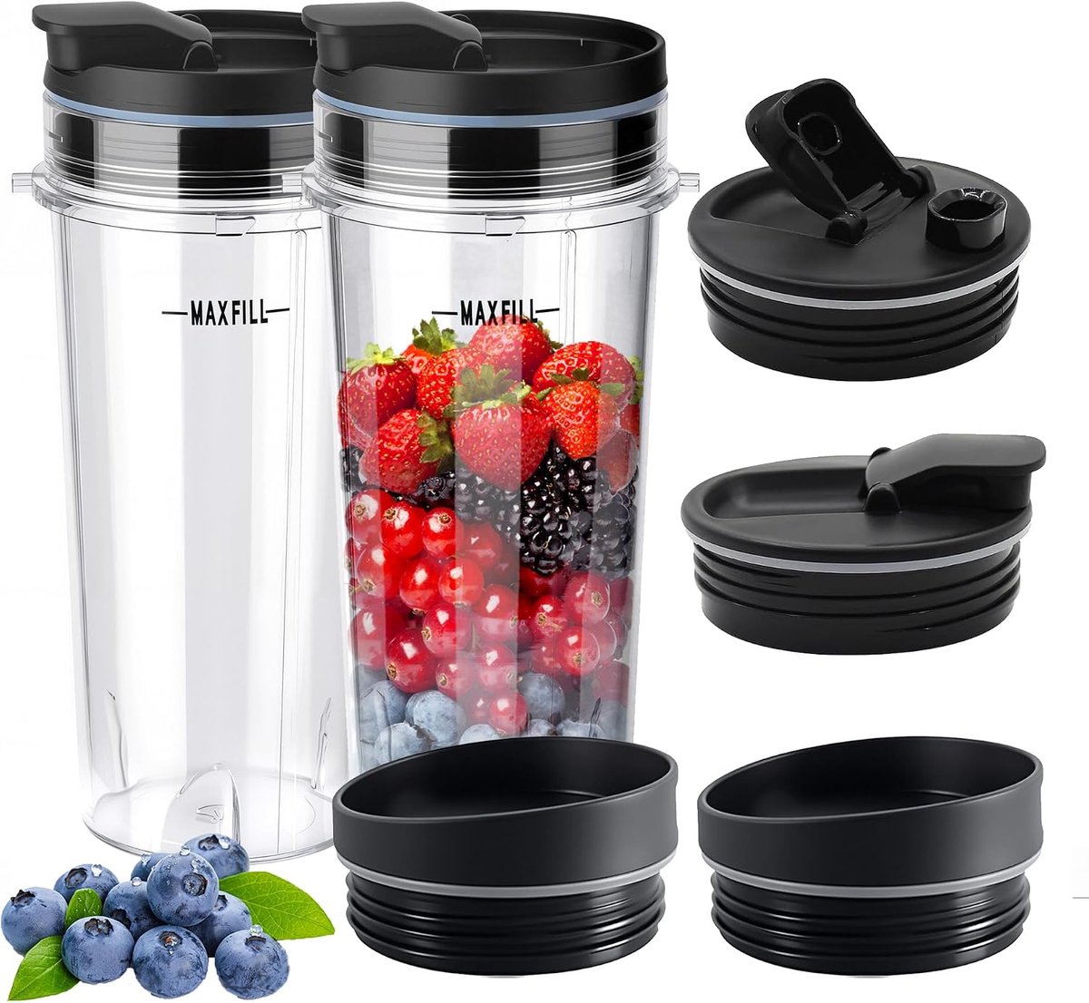2 stuks vervangende blenderbekers van 16oz met 4 stuks drink- en sluitdeksels voor Ninja, blenderbeker voor één portie voor BL660 BL740 BL770 BL780 BL810 BL820 BL830 QB3000 Nutri Ninja-serie blenders