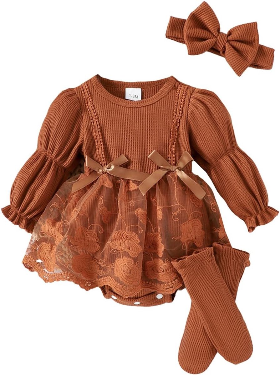 Outfit voor pasgeborenen meisjes jurk van ribgebreide kant sokken hoofdband