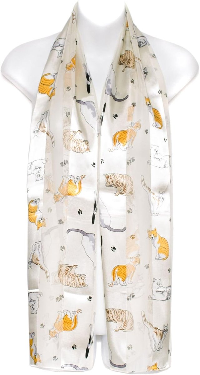 To Socks Premium Chiffon Satijn Sjaal met Kattenpoot en Kitten Print voor Dames - Gemaakt in Korea, Lichte Transparante Omslagdoek, Zachte Elegante Sjaal (Crème)