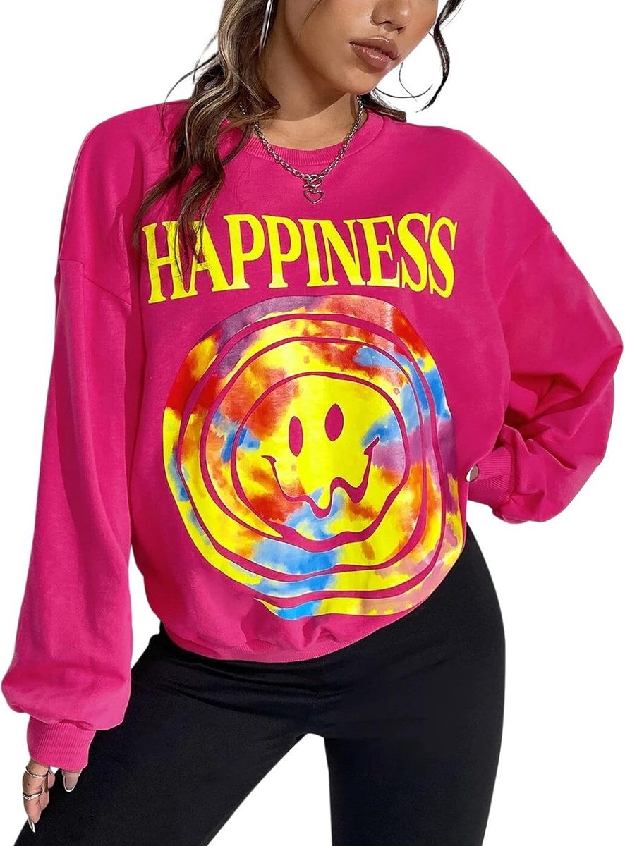 Sweatshirt voor dames, letter, grafische print, losse lange mouwen, ronde hals, drop, shoulder, fleece, casual trui, Roze, M