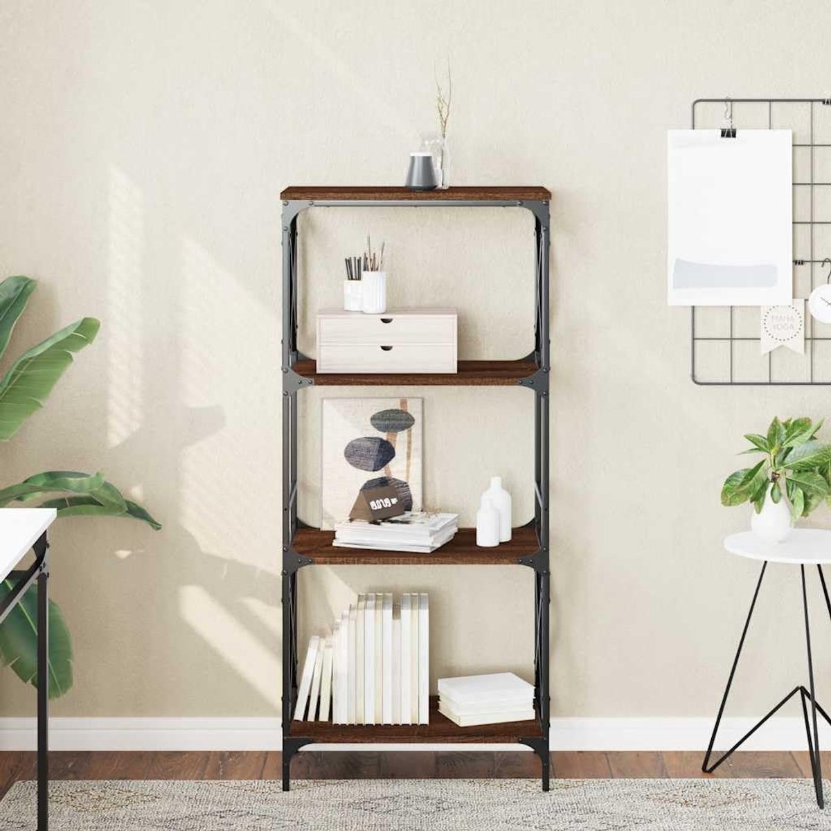 Boekenkast 4 planken bruin eiken 59x35x132 cm houtmateriaal met metalen