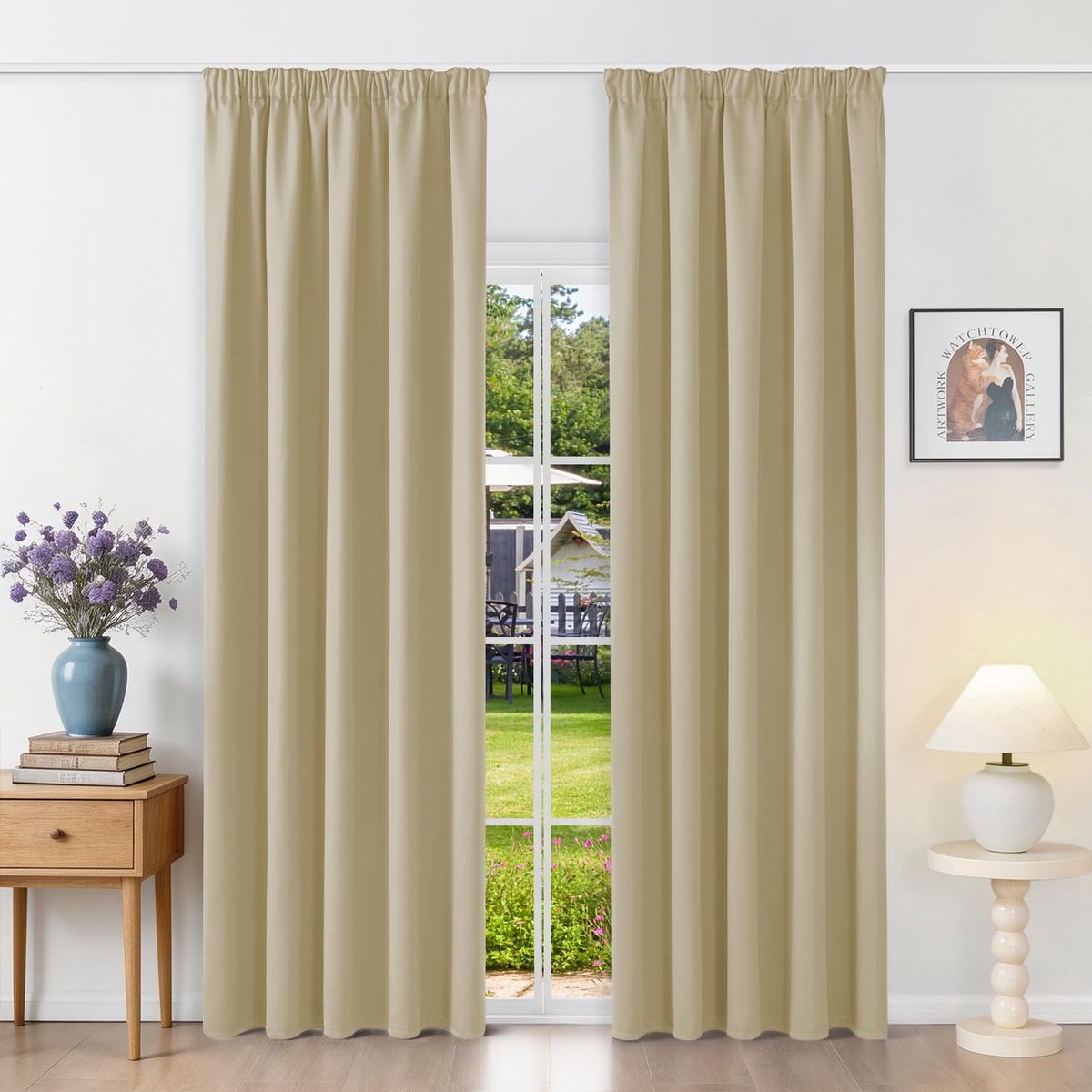 Gordijnen met plooiband, thermische gordijnen, koudebescherming, gordijnen, ondoorzichtig, 200 x 160 cm (h x b), beige, set van 2 verduisteringsgordijnen voor railsysteem, schuifgordijnen voor