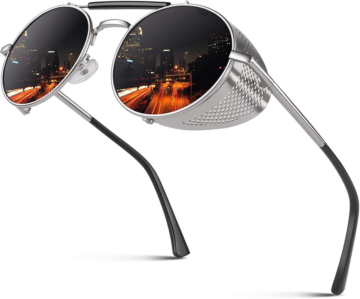 Zonnebril voor heren dames Gepolariseerde Steampunk Retro Ronde Unisex Brillen UV400,2021 Nieuwe Trendy Side Schild Stofbril Gotisch Zonnebril CGID