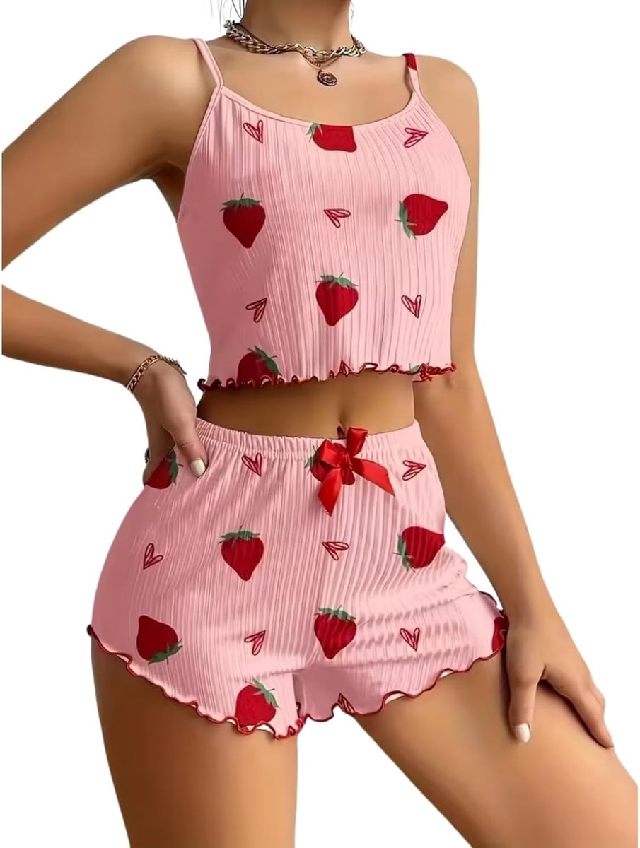Damespyjama voor de zomer, kort, met hartprint, mouwloos T-shirt en shorts, sexy pyjama, zacht
