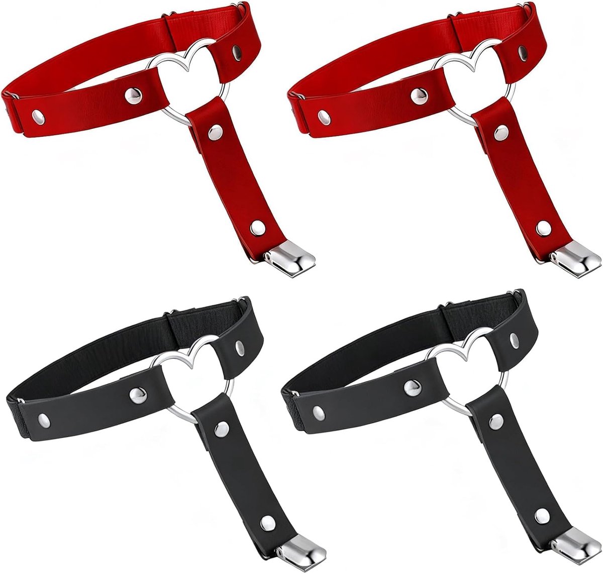 4 Stuks Dames Dijbeenbanden met Hartvormige Metalen Ringen, Verstelbare PU-Leren Kousenbanden met Clips, Gothic Punk Beenbanden voor Kousen, Rok, Shorts, Cosplay, Festival en Party, Rood/Zwart