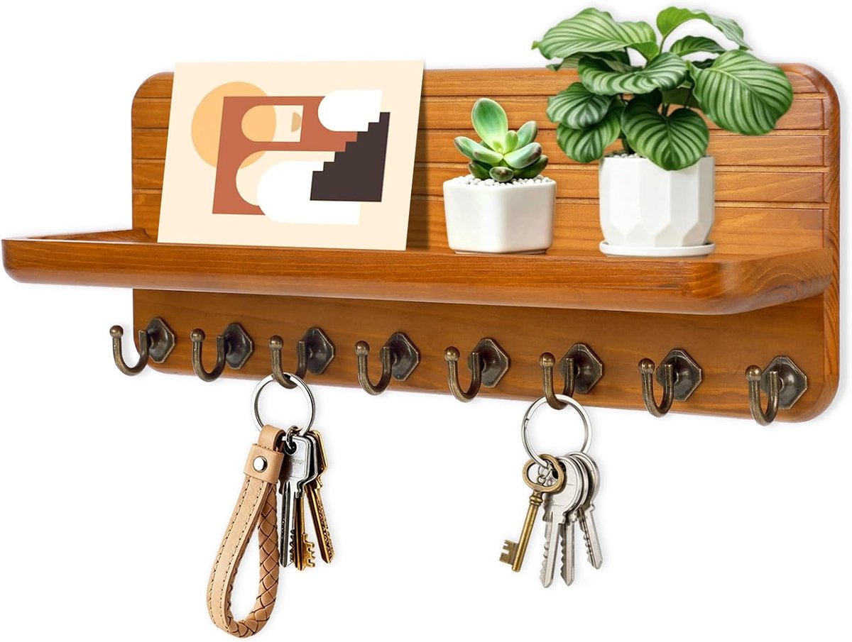 Sleutelrek met plank, sleutelbord, sleutelbord, hout, met 8 sleutelhaken, voor hal, slaapkamer, keuken, ophangen keukenbestek (vintage geel)