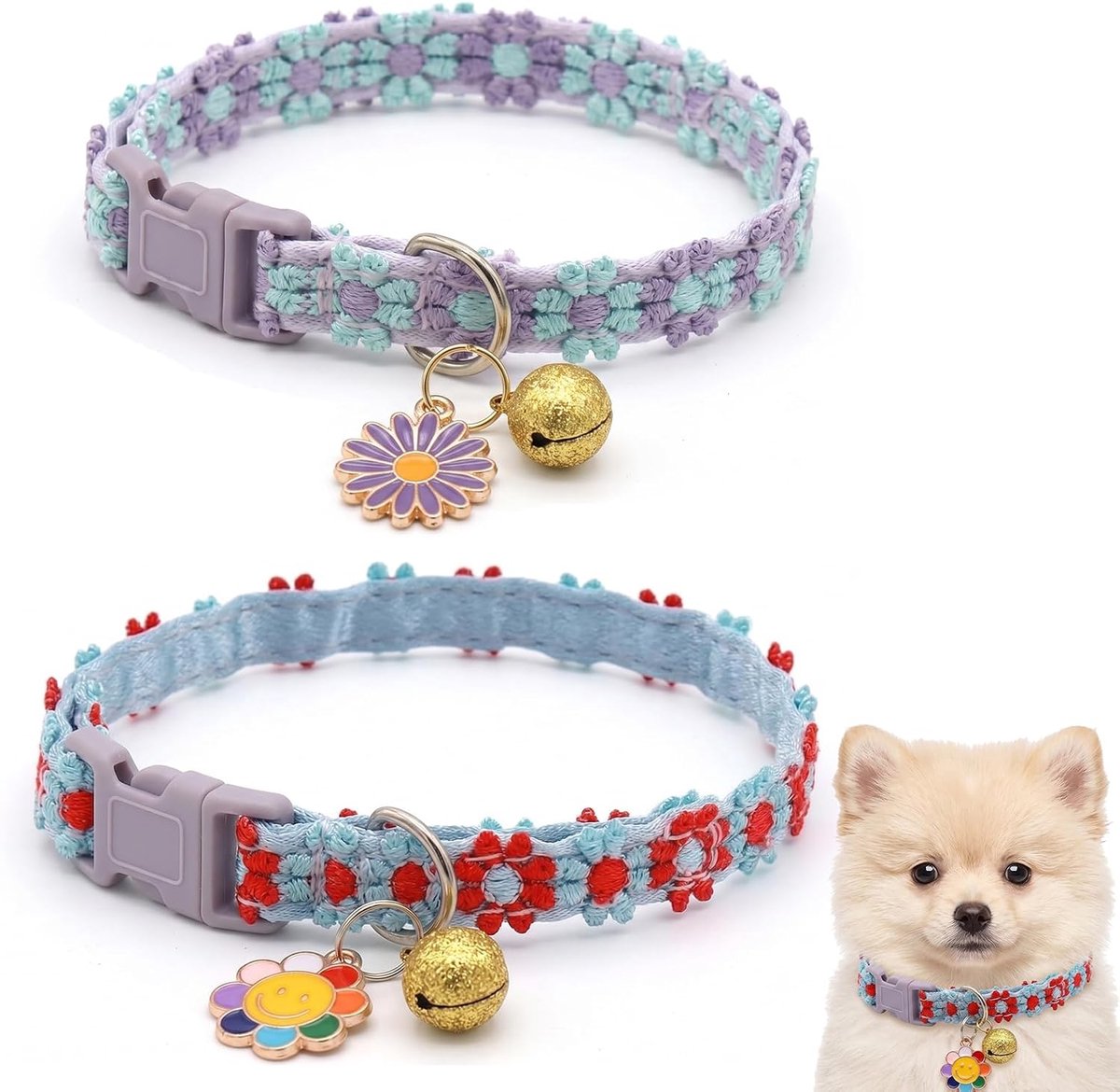 Halsbanden met vlinderdas en bloem, verstelbare halsband 20-30 cm, halsband van zacht polyester voor katten en kleine honden, cadeau voor kattenbezitters en kleine honden