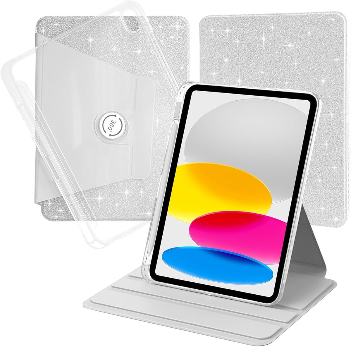 Roterende Case voor iPad (A16) 11e/10e Generatie (2025/2022) met Pencil Houder, 360-Graden Rotatie Beschermende Standdekking Duidelijke Rug Sparkling Hoes, 7-Zilver