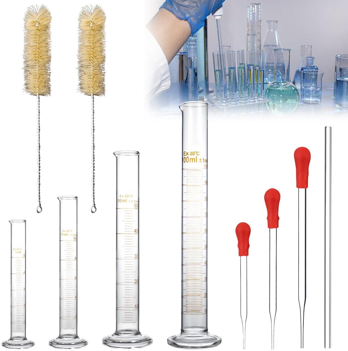 Glas, 10 stuks dik glas, gegradueerde glazen maatcilinderset met 4 maatcilinders, 5 ml/10 ml/50 ml/100 ml, 3 glazen pipetten, 1 glazen staaf, 2 borstels voor reageerbuis voor