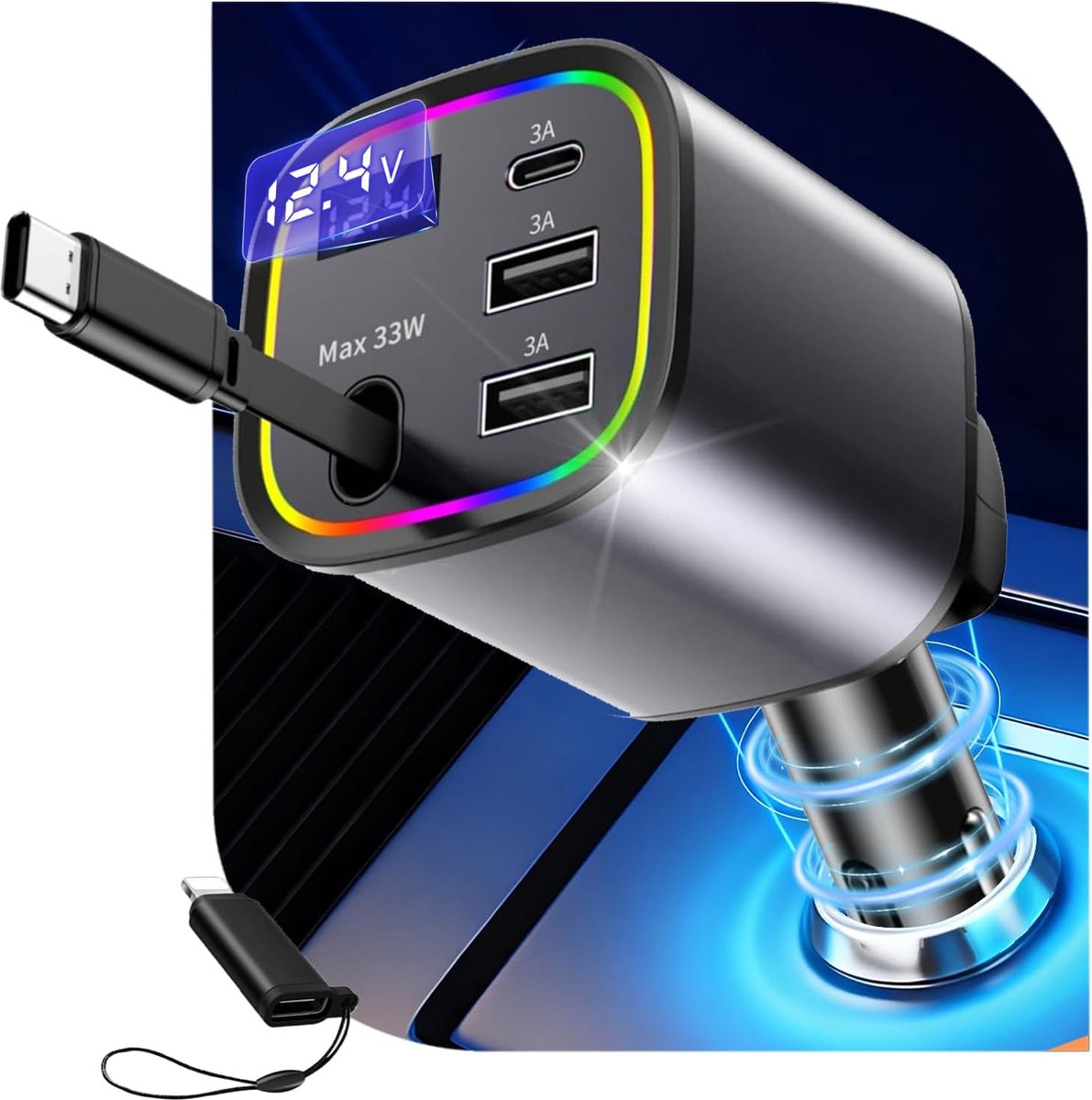 Autolader 78W, 4 in1 Sigarettenaansteker USB C met RGB Licht