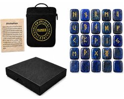 Runenset Elder Futhark, runenstenen, 25 stuks lapis lazuli, een helende steen die wordt geassocieerd met mythologie, Vikingen, mystiek, meditatie en magie.