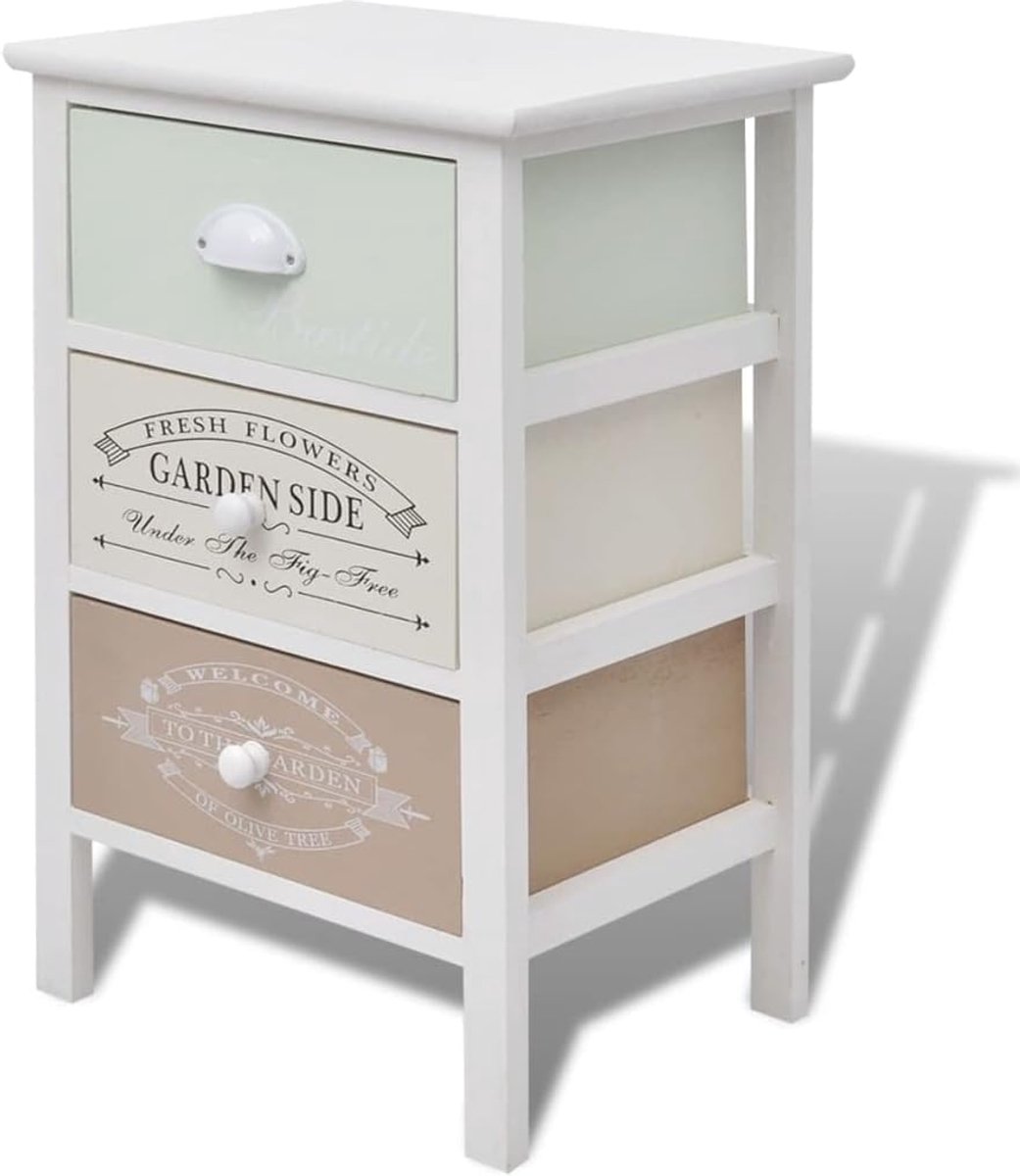 Bijzetkast met 3 laden van hout in Franse landhuisstijl, commode met vintage opdrukken, ladekast als gangkast voor foto's en boeken