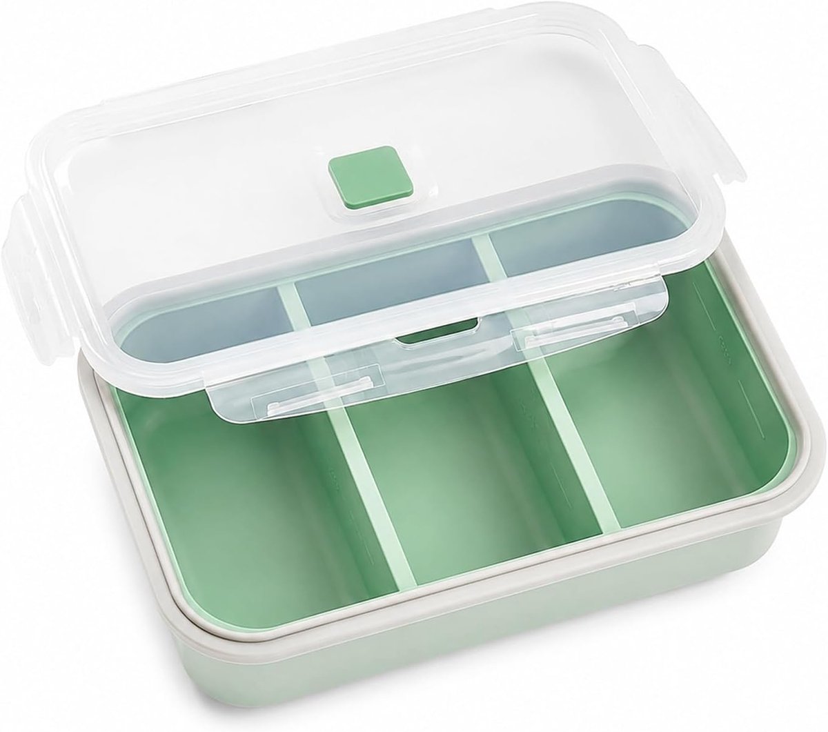 Cube Siliconen vriesbak met deksel, vriesvorm voor levensmiddelen, soep, vriezer, ijsblokjesvorm voor het bewaren en invriezen van bouillon, saus, ijs (groen, 1 stuk, 3 gaten)