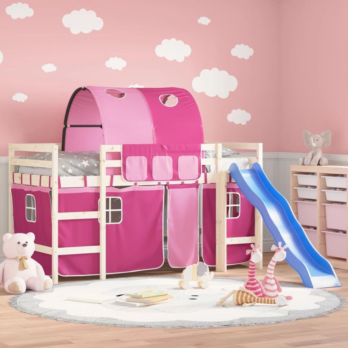 Hoogslaper met tunnel, 4 stuks, roze, polyester, speeltent, opbergtas, duurzaam, indoorspeelplaats, vouwhouder, duurzaam, onderhoudsvriendelijk