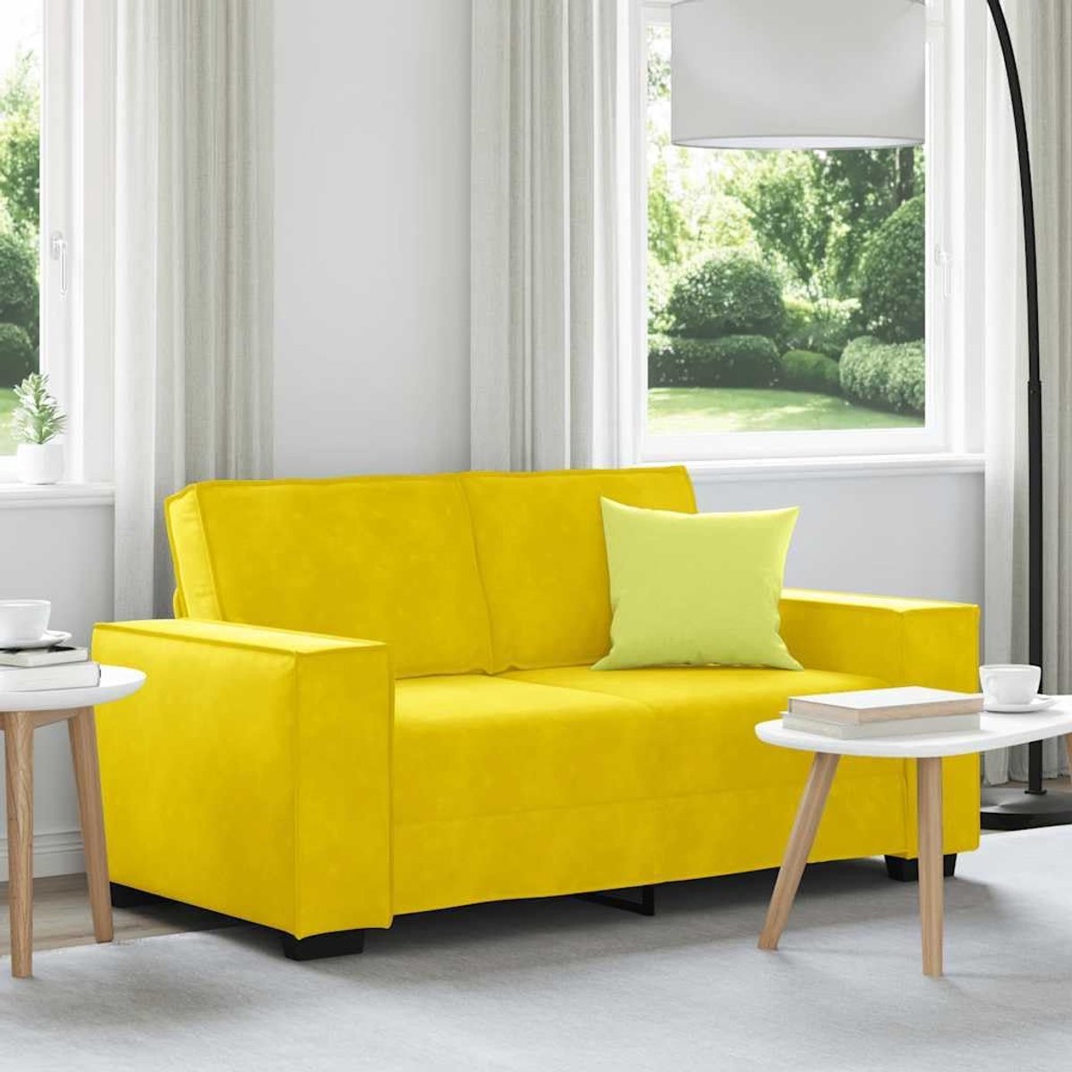 2-zitsbank, geel, 120 cm, fluwelen stof, voor woonkamer, zitmeubel met brede armleuningen, robuust houten metalen frame, dik gevoerde zitting en rugleuning voor hoog comfort