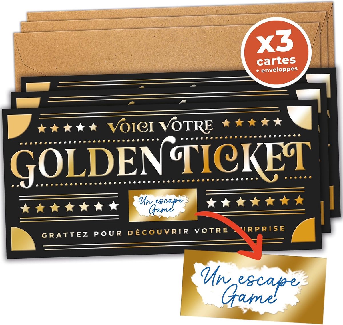 Kraskaart, verrassingscadeaukaart, personaliseerbaar, ideaal voor verjaardag, EVJF, pensioen, cadeau voor koppels, aankondiging, design goud en zwart, 3 kaarten