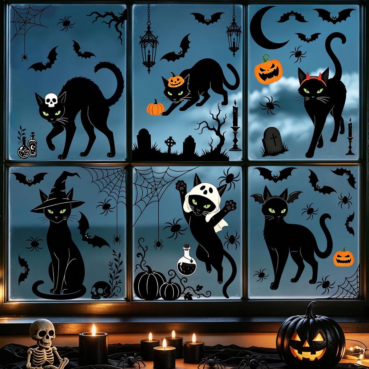 Raamsticker kat zwart pompoen glas decoratie
