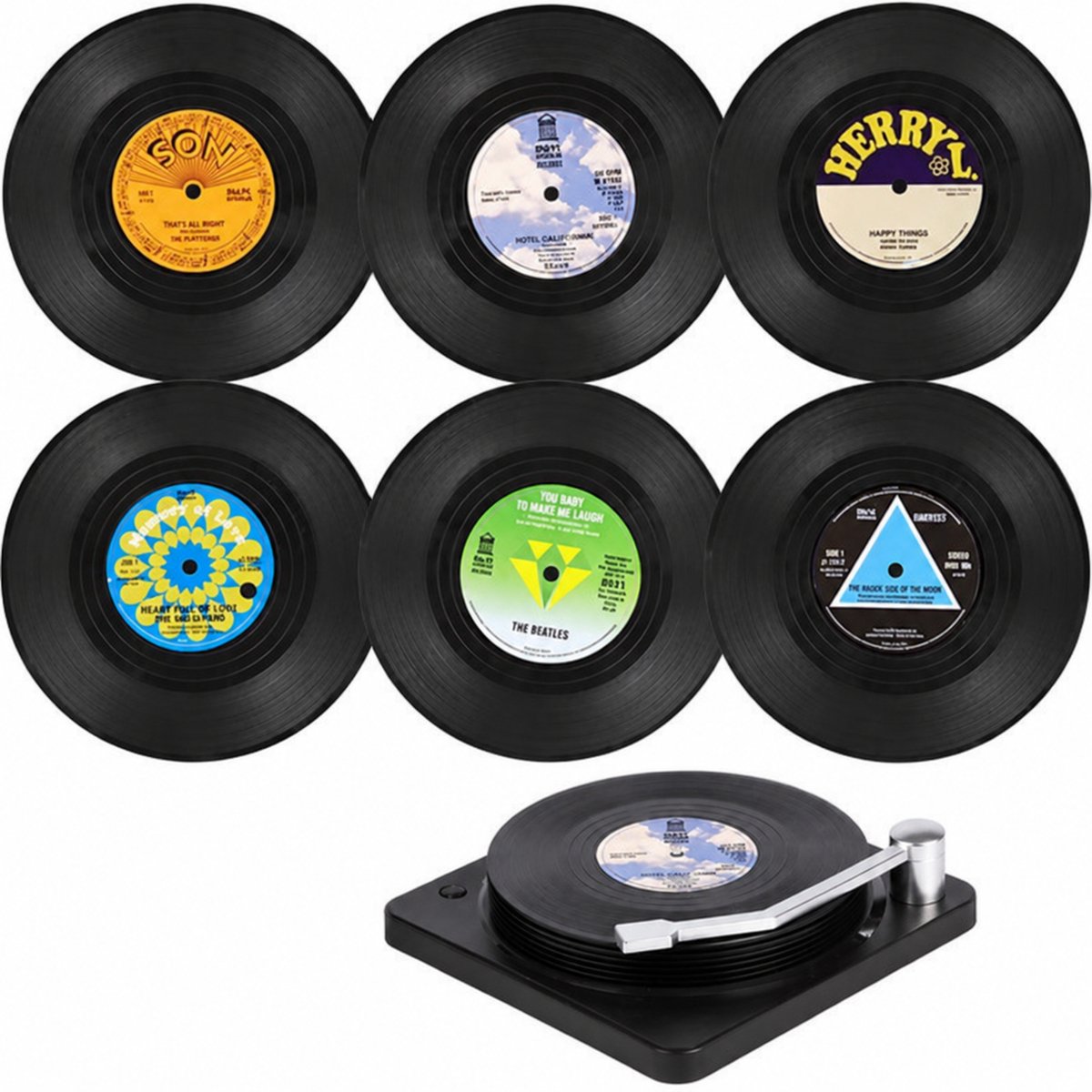 Maxium - Vinyl Platen Onderzetters Met Platenspeler - 6 Stuks - LP Onderzetters - Onderzetters Voor Glazen - Anti-Slip - Vinyl - Platenspeler - Langspeelplaat - Rond - Vintage - Party - Muziek - Glazenonderzetter - Platen