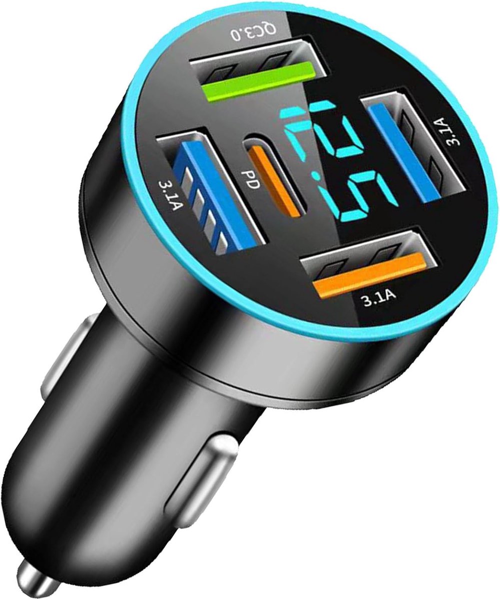 5-poorts USB C Autolader, 66W Sigarettenaansteker-Adapter PD30W+QC3.0+3.1A, Autolader USB C met LED Voltmeter, voor iPhone 15 14 13 Pro Max Samsung Android Tablet, enz.