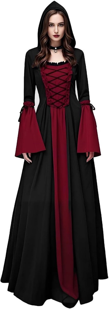 Gothic jurk met capuchon, vampier veterjurk heksenkostuum